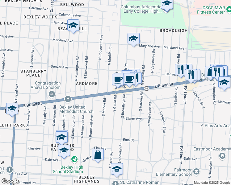 map of restaurants, bars, coffee shops, grocery stores, and more near E Broad St & N Gould Rd in Columbus