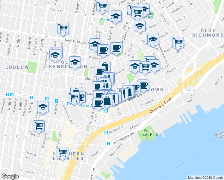 map of restaurants, bars, coffee shops, grocery stores, and more near 226 Mercer Street in Philadelphia