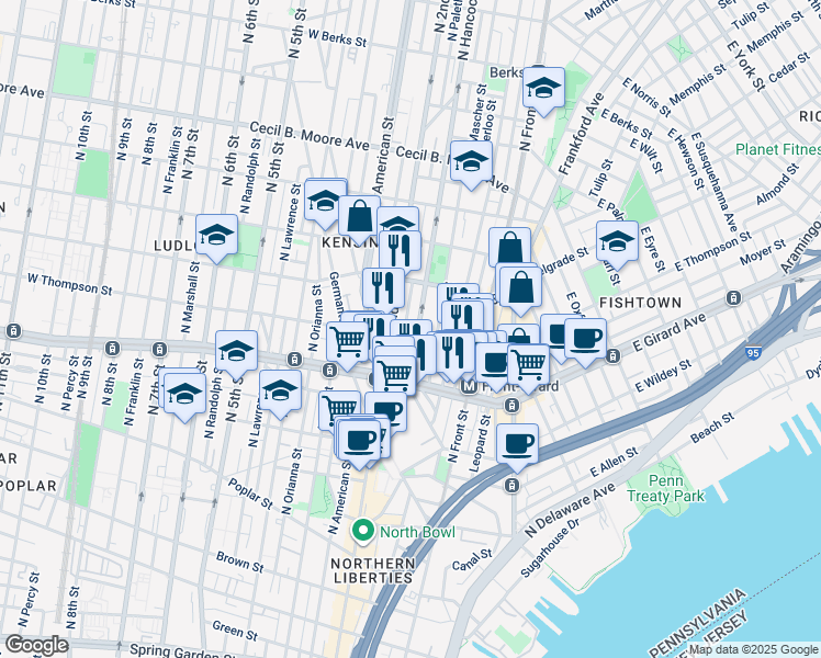 map of restaurants, bars, coffee shops, grocery stores, and more near 1309 North Palethorp Street in Philadelphia