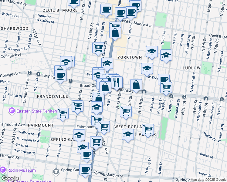 map of restaurants, bars, coffee shops, grocery stores, and more near 1330 West Girard Avenue in Philadelphia