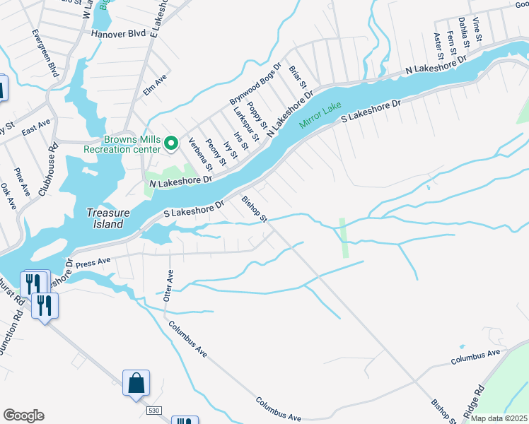 map of restaurants, bars, coffee shops, grocery stores, and more near 43 Bishop Street in Pemberton Township