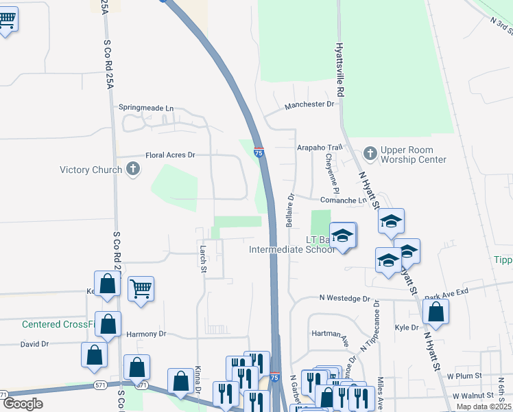 map of restaurants, bars, coffee shops, grocery stores, and more near 470 East Bon Air Drive in Tipp City