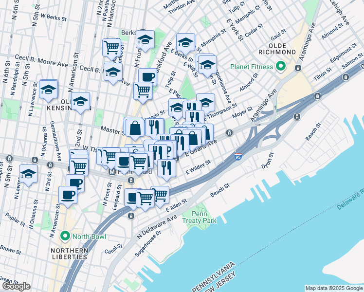 map of restaurants, bars, coffee shops, grocery stores, and more near 413 East Flora Street in Philadelphia
