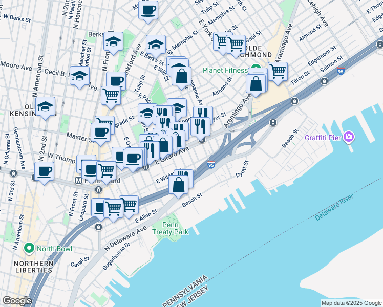 map of restaurants, bars, coffee shops, grocery stores, and more near 1127 East Montgomery Avenue in Philadelphia