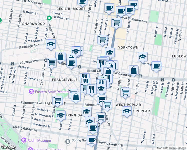 map of restaurants, bars, coffee shops, grocery stores, and more near 1514 Cambridge Street in Philadelphia