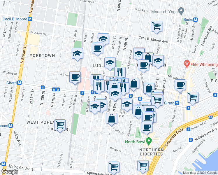 map of restaurants, bars, coffee shops, grocery stores, and more near 1221 North 6th Street in Philadelphia