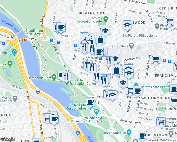 map of restaurants, bars, coffee shops, grocery stores, and more near 814 North 27th Street in Philadelphia
