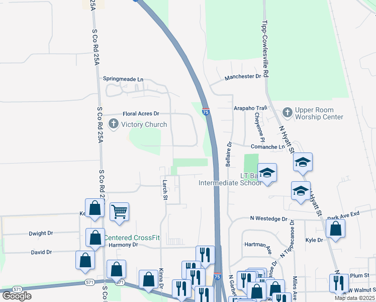 map of restaurants, bars, coffee shops, grocery stores, and more near 420 East Bon Air Drive in Tipp City