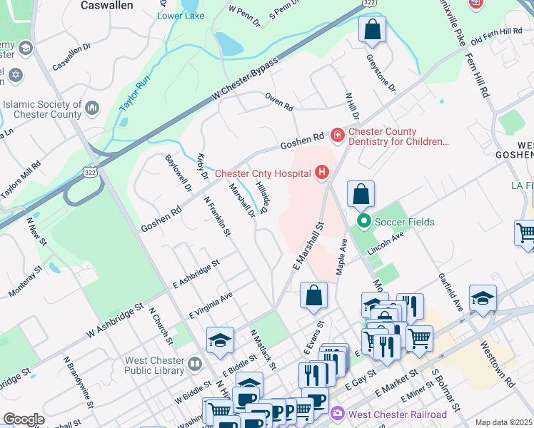 map of restaurants, bars, coffee shops, grocery stores, and more near 705 Hillside Drive in West Chester
