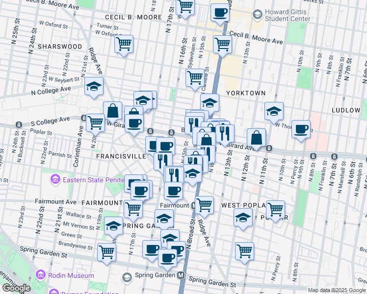 map of restaurants, bars, coffee shops, grocery stores, and more near 918 North 15th Street in Philadelphia