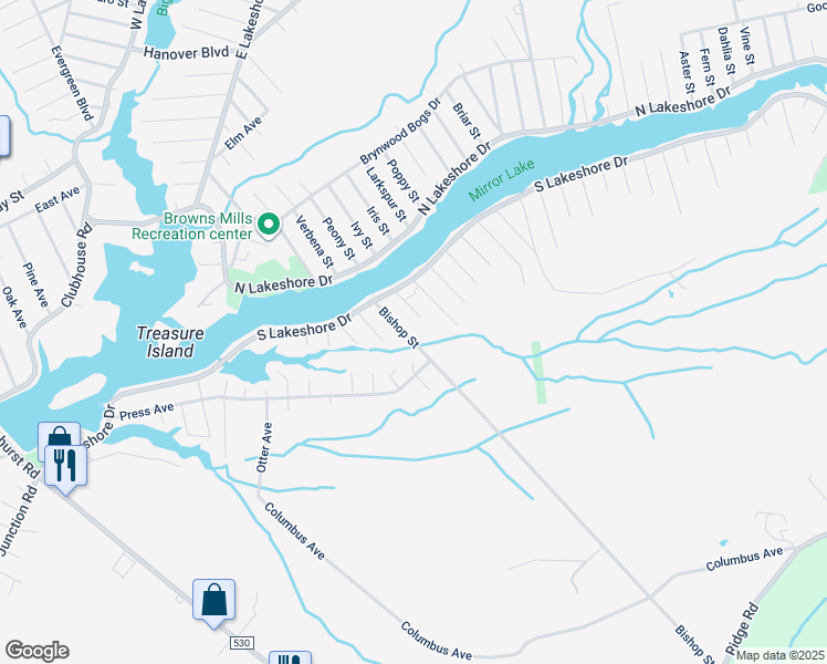 map of restaurants, bars, coffee shops, grocery stores, and more near 43 Bishop Street in Pemberton Township