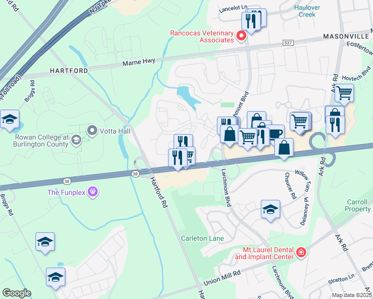map of restaurants, bars, coffee shops, grocery stores, and more near 5214 Aberdeen Drive in Mount Laurel Township