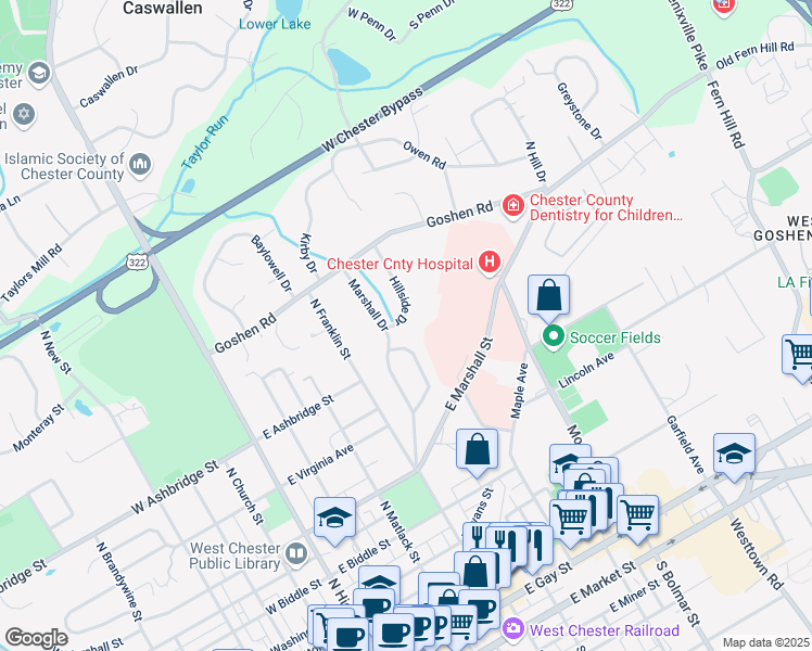 map of restaurants, bars, coffee shops, grocery stores, and more near 705 Hillside Drive in West Chester