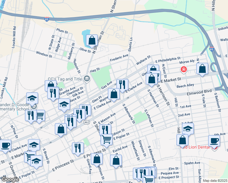 map of restaurants, bars, coffee shops, grocery stores, and more near 947 Wayne Avenue in York