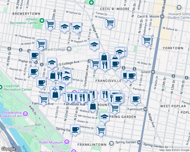 map of restaurants, bars, coffee shops, grocery stores, and more near 865 North 20th Street in Philadelphia