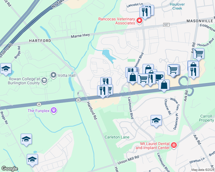 map of restaurants, bars, coffee shops, grocery stores, and more near 5214 Aberdeen Drive in Mount Laurel Township