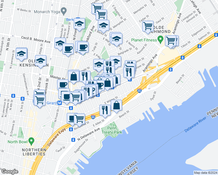 map of restaurants, bars, coffee shops, grocery stores, and more near 457 East Girard Avenue in Philadelphia