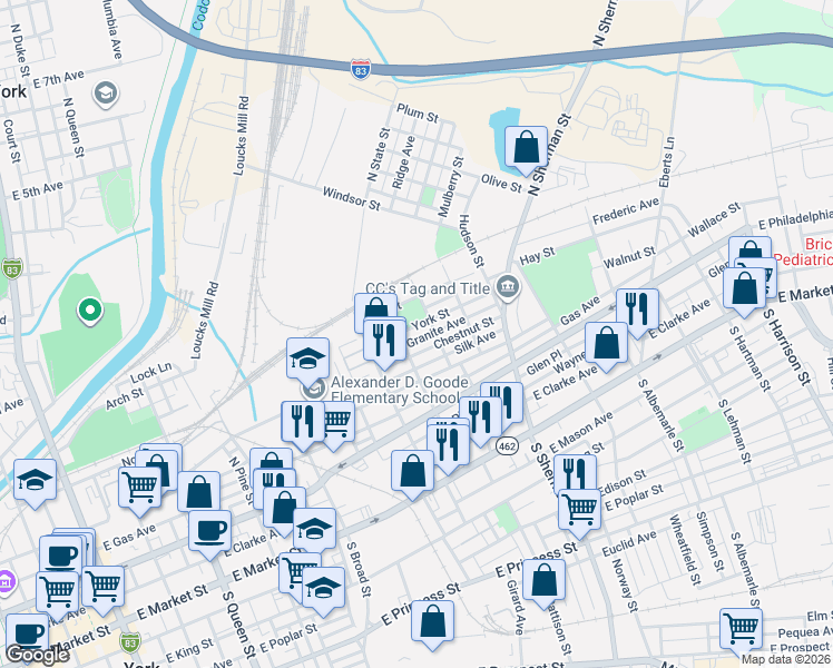map of restaurants, bars, coffee shops, grocery stores, and more near 665 Chestnut Street in York