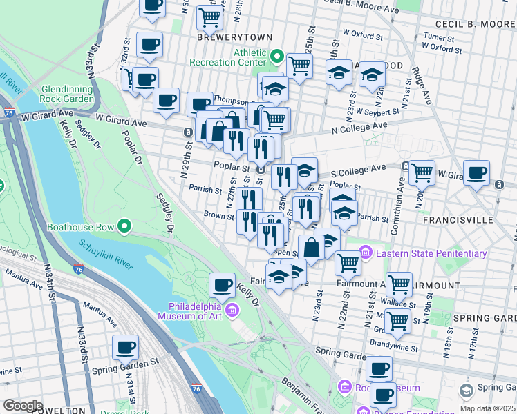 map of restaurants, bars, coffee shops, grocery stores, and more near 813 North 26th Street in Philadelphia