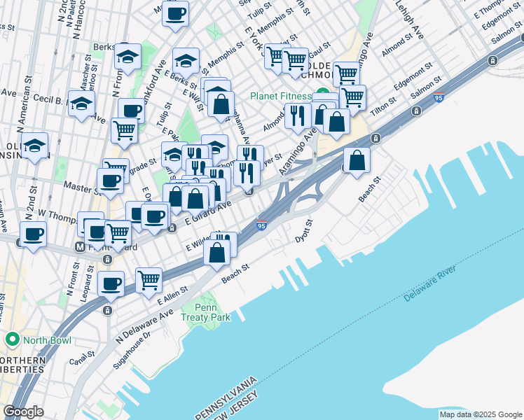 map of restaurants, bars, coffee shops, grocery stores, and more near 1100 East Hewson Street in Philadelphia