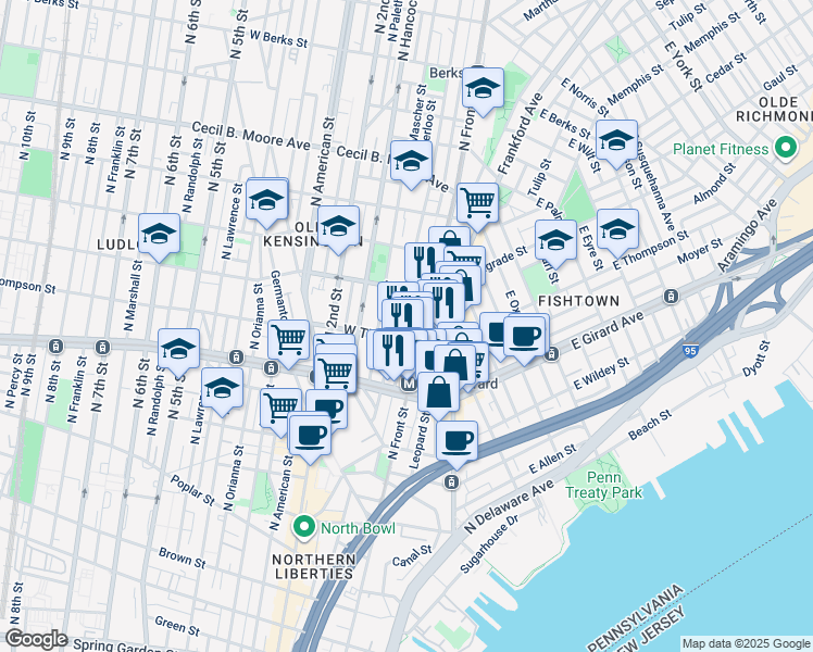 map of restaurants, bars, coffee shops, grocery stores, and more near 1320 Hope Street in Philadelphia