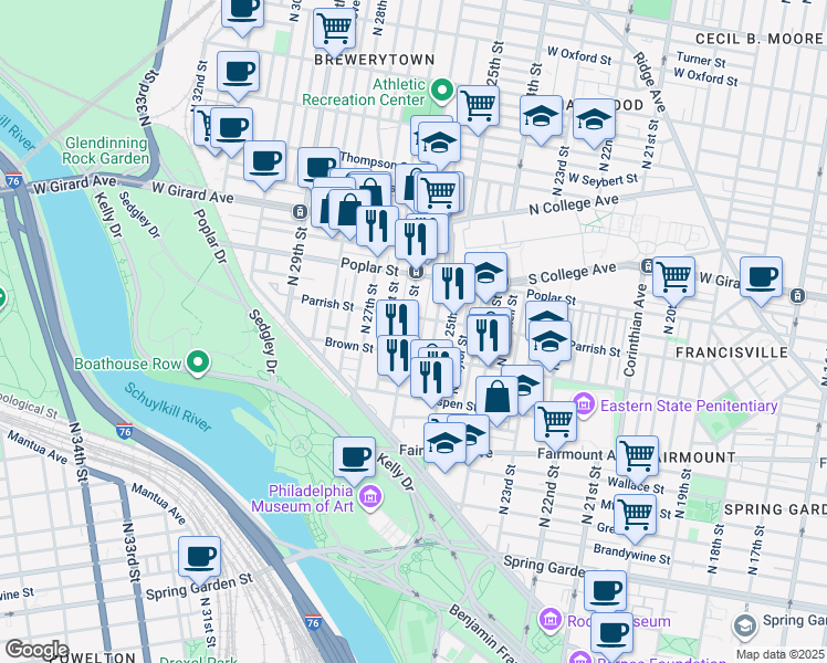 map of restaurants, bars, coffee shops, grocery stores, and more near 813 North 26th Street in Philadelphia
