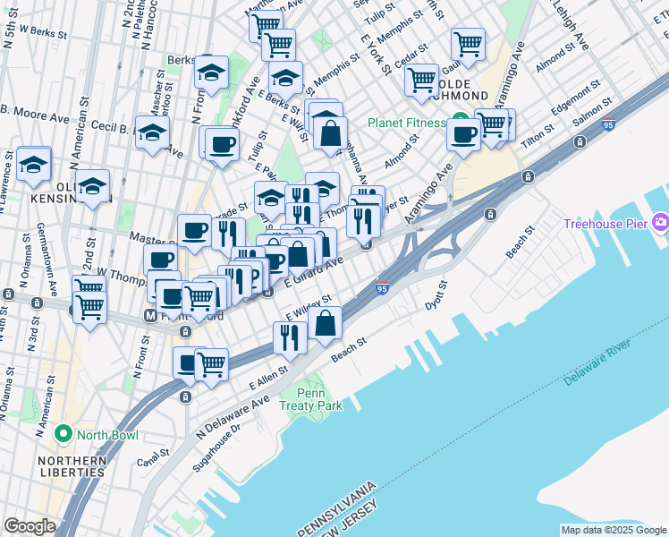 map of restaurants, bars, coffee shops, grocery stores, and more near 534 East Girard Avenue in Philadelphia