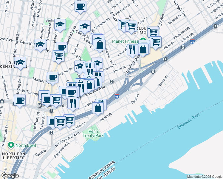 map of restaurants, bars, coffee shops, grocery stores, and more near 13 East Wildey Street in Philadelphia