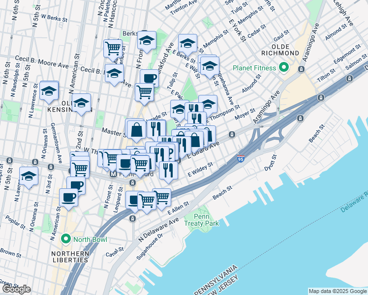 map of restaurants, bars, coffee shops, grocery stores, and more near 413 East Flora Street in Philadelphia