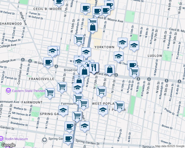 map of restaurants, bars, coffee shops, grocery stores, and more near 1322 West Girard Avenue in Philadelphia