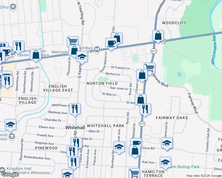 map of restaurants, bars, coffee shops, grocery stores, and more near 4484 Saint Rita Lane in Columbus