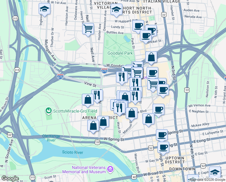 map of restaurants, bars, coffee shops, grocery stores, and more near 191 Vine Street in Columbus