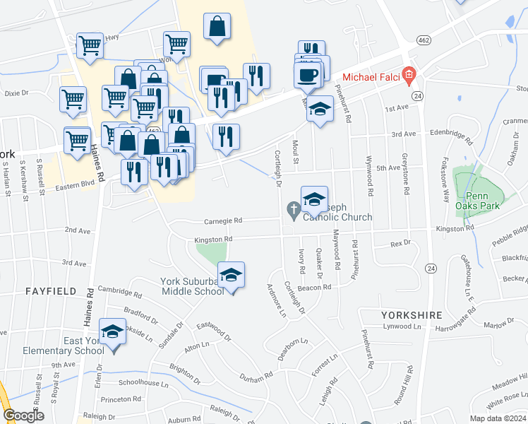 map of restaurants, bars, coffee shops, grocery stores, and more near 2785 Carnegie Road in East York