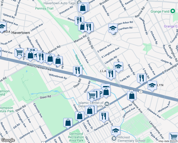 map of restaurants, bars, coffee shops, grocery stores, and more near in Delaware County