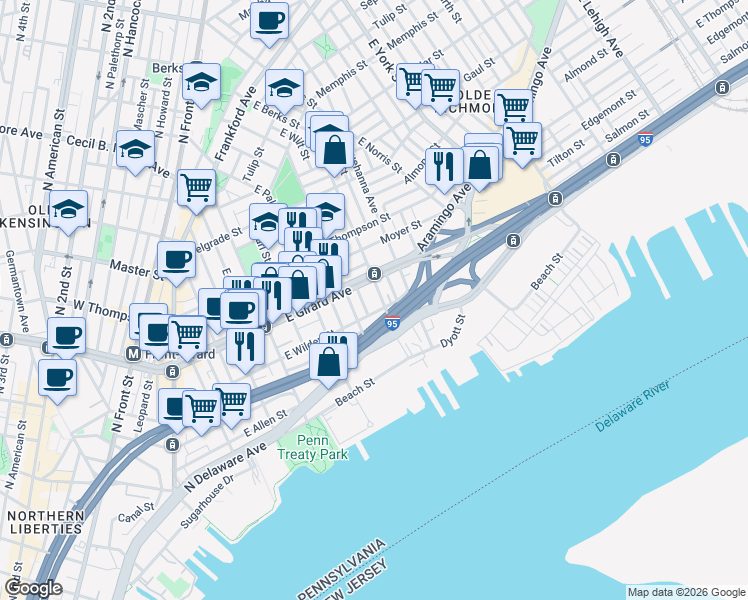 map of restaurants, bars, coffee shops, grocery stores, and more near 13 East Wildey Street in Philadelphia