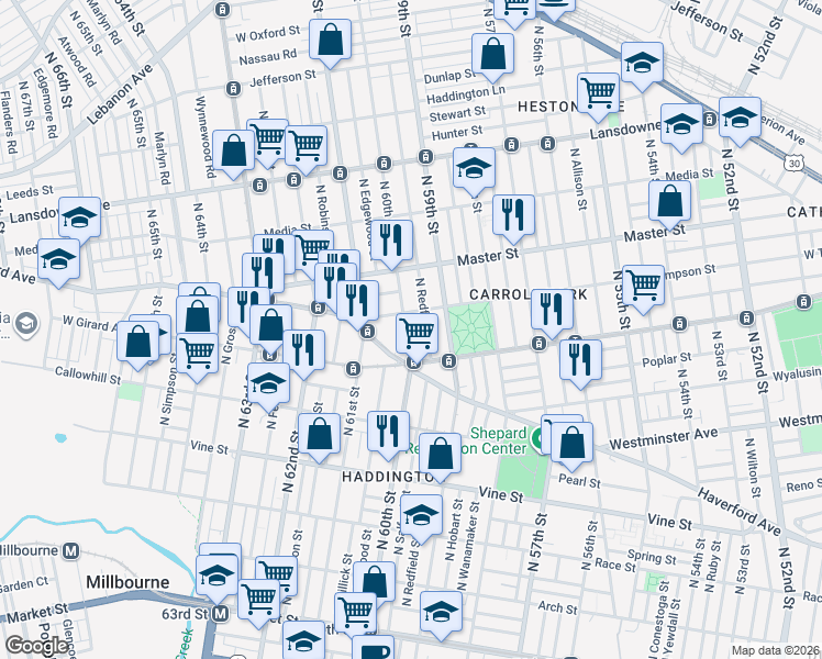 map of restaurants, bars, coffee shops, grocery stores, and more near 1212 North Redfield Street in Philadelphia