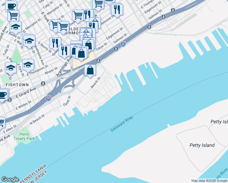 map of restaurants, bars, coffee shops, grocery stores, and more near 2015 Richmond Street in Philadelphia