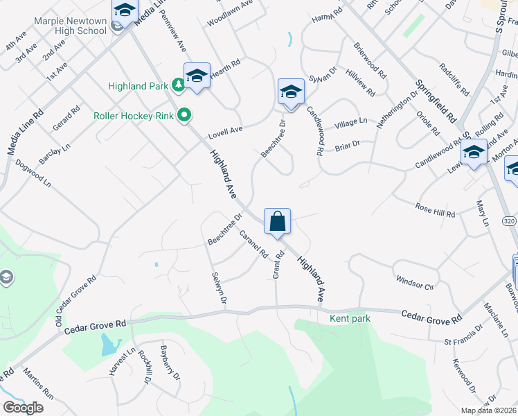 map of restaurants, bars, coffee shops, grocery stores, and more near 2621 Highland Avenue in Broomall