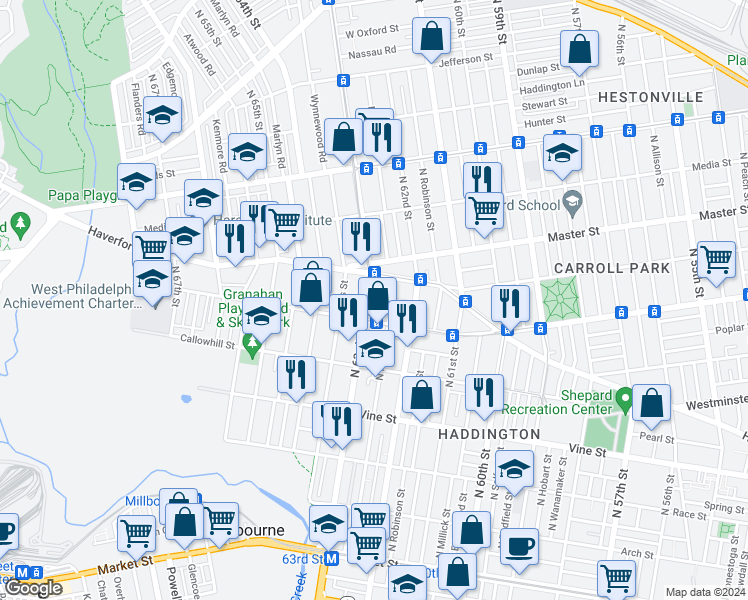 map of restaurants, bars, coffee shops, grocery stores, and more near 527 North 63rd Street in Philadelphia