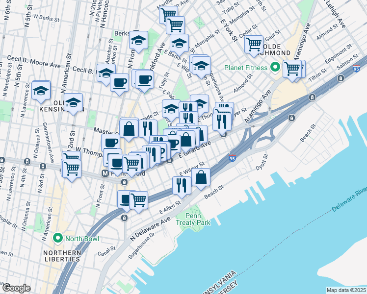 map of restaurants, bars, coffee shops, grocery stores, and more near 438 East Flora Street in Philadelphia