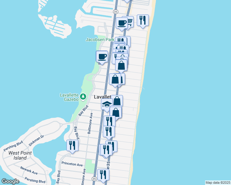map of restaurants, bars, coffee shops, grocery stores, and more near in Lavallette