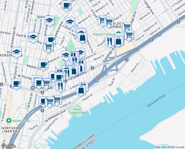 map of restaurants, bars, coffee shops, grocery stores, and more near 13 East Wildey Street in Philadelphia