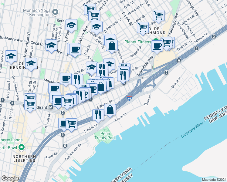 map of restaurants, bars, coffee shops, grocery stores, and more near 1116 East Eyre Street in Philadelphia