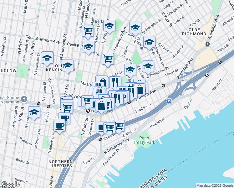 map of restaurants, bars, coffee shops, grocery stores, and more near 1223 Marlborough Street in Philadelphia
