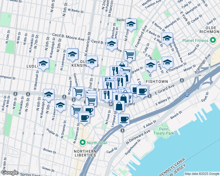 map of restaurants, bars, coffee shops, grocery stores, and more near 1257 North Howard Street in Philadelphia