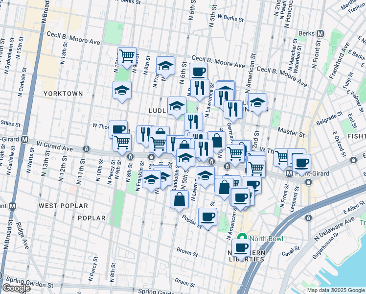 map of restaurants, bars, coffee shops, grocery stores, and more near in Philadelphia
