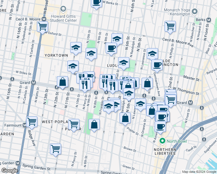 map of restaurants, bars, coffee shops, grocery stores, and more near in Philadelphia
