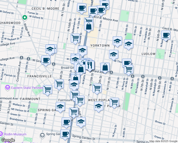 map of restaurants, bars, coffee shops, grocery stores, and more near 928 North 13th Street in Philadelphia