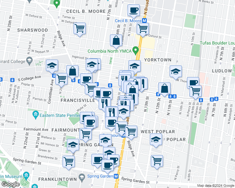 map of restaurants, bars, coffee shops, grocery stores, and more near 1515 Poplar Street in Philadelphia