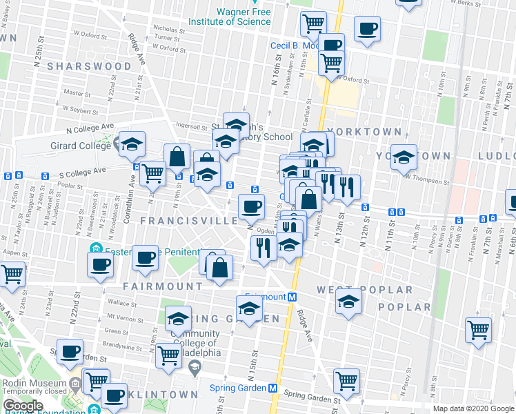 map of restaurants, bars, coffee shops, grocery stores, and more near 1515 Poplar Street in Philadelphia